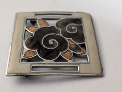 Vintage Art Deco Champleve Enamel Sash Buckle Scarf Slide Brown Cream Floral