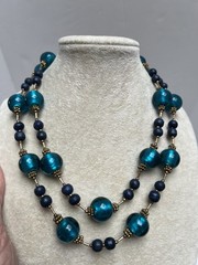 Vintage Teal Blue Glass & Dark Blue Wood Bead Brass Spacer Necklace 37”