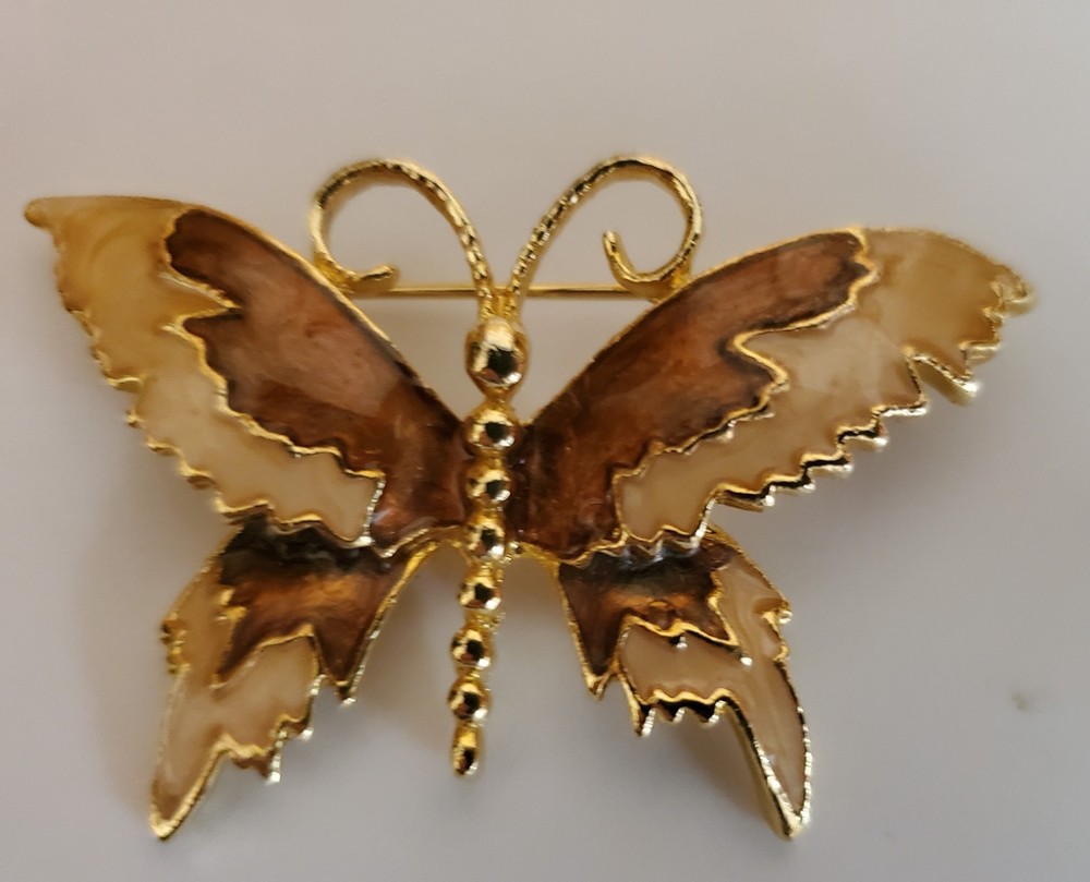 Vintage Butterfly Brooch Gold Tone Enamel Brown Cream Signed © AAI 70’s-80s