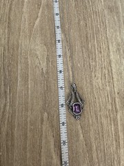 VINTAGE AVON SIMULATED AMETHYST IN SILVER TONE PENDANT NECKLACE 32”