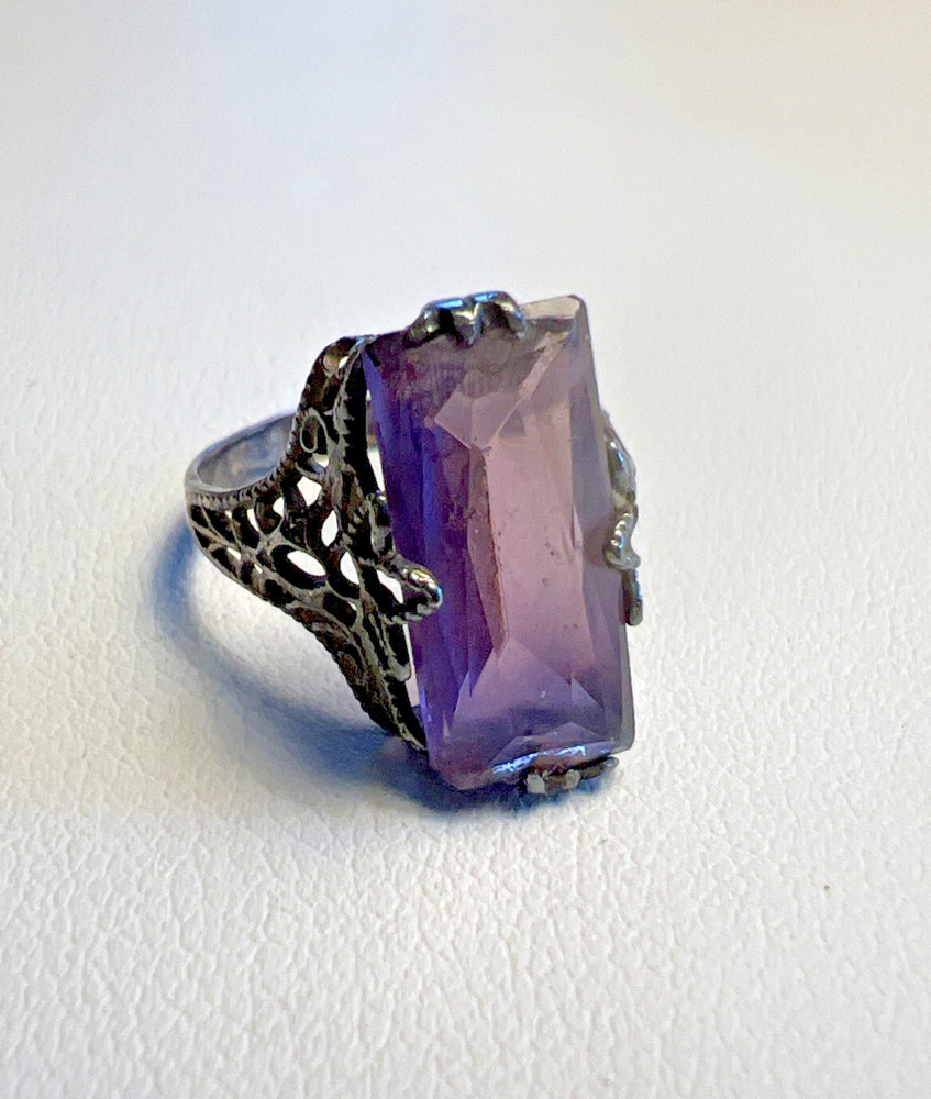 Vintage Sterling Silver Art Deco Style Emerald Cut Amethyst Ring Size 4.25