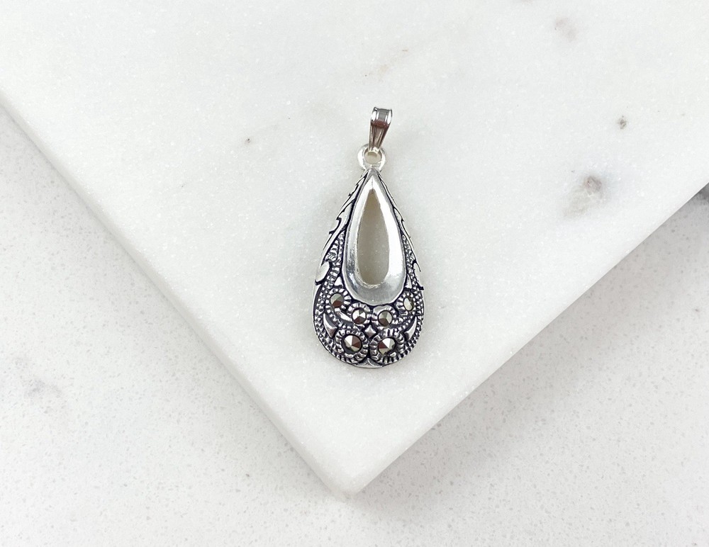Vintage 925 Sterling Silver Deco Marcasite Teardrop Pendant
