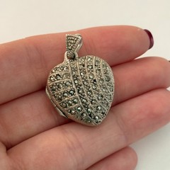 Vintage 925 Sterling Silver Marcasite Puffy Heart Locket Pendant