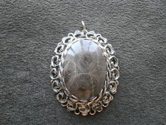 Petoskey Stone Fossil in Ornate Mount Vintage Oval Silvertone Pendant 12.8g