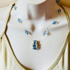 VTG sky blue crystal beaded Floating Necklace jeweled Sterling .925 Y2K 90s 17″