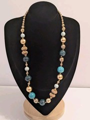Designed By Paula Vintage Green & Gold Acrylic Bead Textured Necklace 20″. BOHO