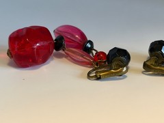Vintage GERMANY Bright Red Pink Lucite Beaded Dangle Clip Earrings Retro