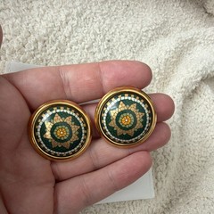 Auth HERMES Vintage Enamel Mosaic Round Clip-On Earrings Gold Green Signed