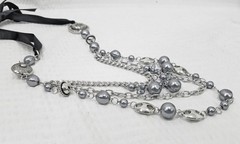 Boho Gray Pearl Bead & Silver Tone Black Satin Ribbon Multi Strand Necklace