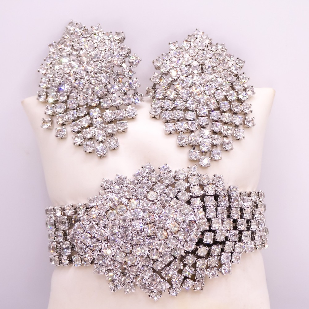 Vintage Rhinestone Waterfall Wide Bracelet Earring Set Silver Tone Glamorous