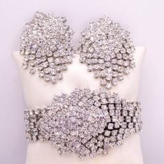 Vintage Rhinestone Waterfall Wide Bracelet Earring Set Silver Tone Glamorous