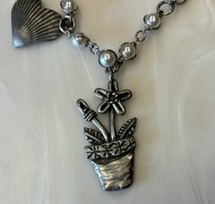 Marcie Signed 30” Pewter Charm Necklace w/Pearls Rabbits Hearts Birdhouse Garden