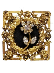 Antique Gold Tone Repousse Rhinestone Flower & Black Felt Pin Brooch AUSTRIA