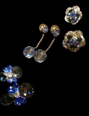 Vintage Blue Crystal Earrings Lot 3 Pairs Cluster Dangle Flower Retro Jewelry