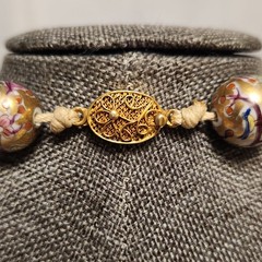 Vintage Chinese Cloisonné Bead Necklace – Pink & Blue Floral on Gold – 26″ L