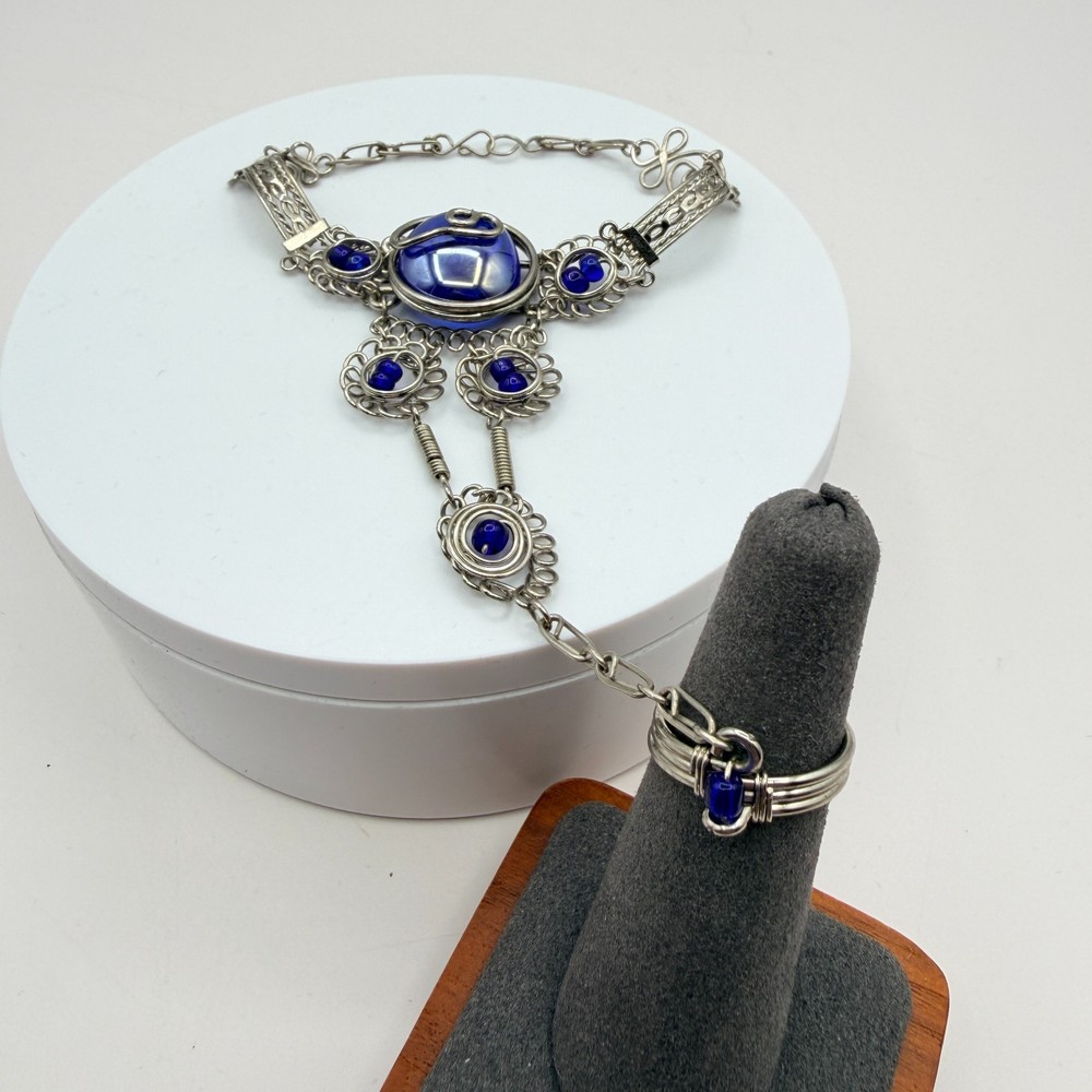Vintage Silver Tone Slave Bracelet Ring Set Blue Cabochon Stone Boho Filigree
