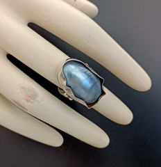 Silver Sculptural Pearl Ring Large Baroque Organic Statement Boho Asymmetrical
