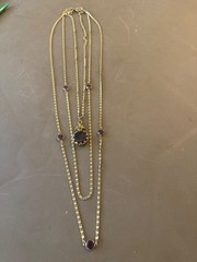 Vintage Goldette NY Purple Intaglio Bezel Set Crystal Gold Tone 3 Tier Necklace