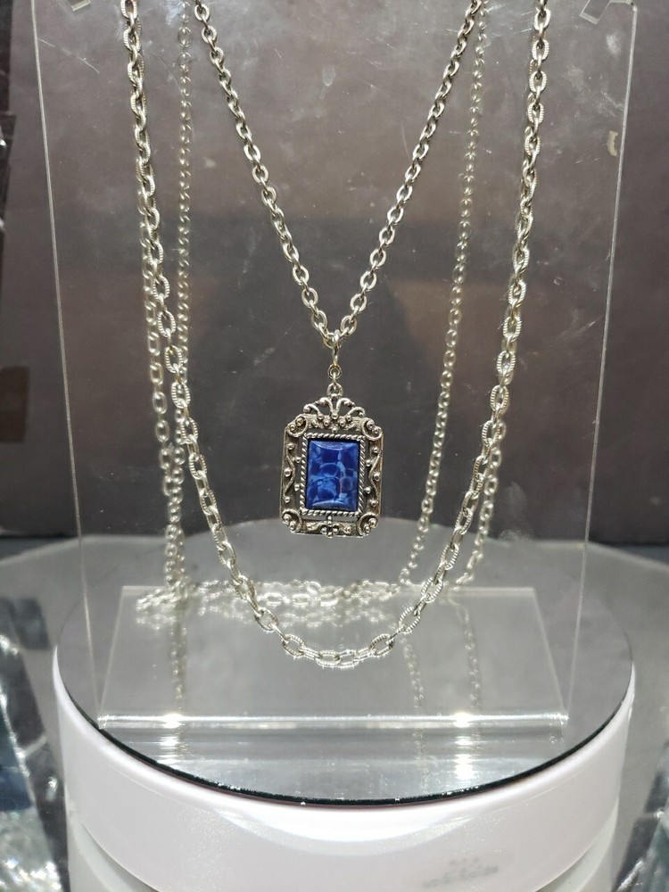 Double chain Necklace faux lapis c.1970 Sarah Coventry silver tone Roman Holiday