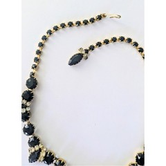 Vintage Jet Black Marquis & Clear Rhinestone Necklace & Bracelet Demi Parure