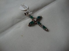 VINTAGE 1970-80s GREEN CZ W/ CLEAR CZ CENTER CROSS STERLING SILVER 925 PENDANT
