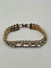 Vintage Estate Gold Tone Clear Rhinestone Fold Over Clasp Bracelet 7”
