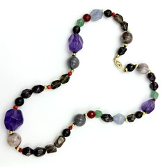Spectacular 14K Gold Amethyst Garnet Quartz Chalcedony Beaded Necklace