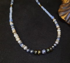 Handcrafted Bohemian Necklace with Freshwater Pearl, Opalite, & Blue Coral