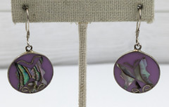 Vintage Abalone Butterfly Purple Enamel Circle Drop Pierced Earrings 1.75″