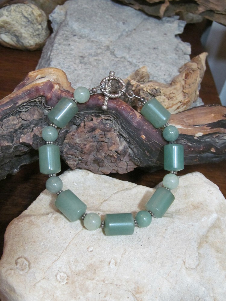 Vintage 925 Sterling Silver Green Stone Beaded Toggle Clasp Bracelet 30g