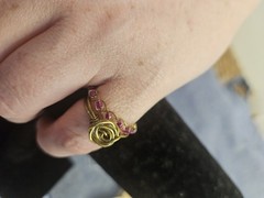 Handmade Gold Tone Wire Wrap Ring Set Of 2 w Rose & Round Pink Glass Beads USA 8