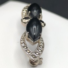 Vintage Brooch Pin Western Germany Black Glass Faux Marcasite Silver Tone Gothic