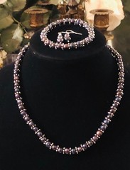 Black Dark Grey Peacock Pearl Necklace Bracelet Earrings Silver Vtg New Minte
