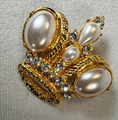 Vintage Royal Crown Tiara Brooch Pin Faux Pearl Cabochons And Clear Rhinestones