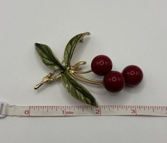 Vintage Large 3.25″ Gold-Tone Red & Green Enamel Cherry Statement Brooch