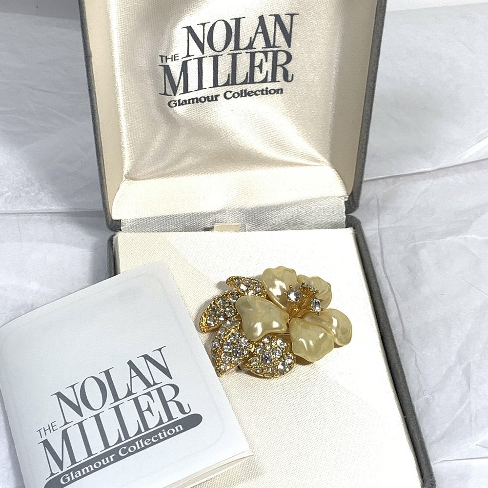 VINTAGE Sign NOLAN MILLER Jane Wyman PIN Lucite Flower Rhinestones Gold BOX COA