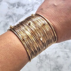 Wide Cuff Multi Strand Wire Bracelet With Rhinestone Gold Tone Embellished