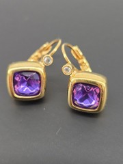 Vintage 90s Joan Rivers Purple Crystal Square Bezel Leverback Earrings