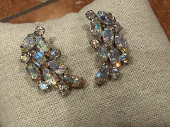 B. DAVID ART DECO VINTAGE IRIDESCENT RHINESTONE NAVETTE CLIMBER CLIP ON EARRINGS