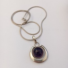 Sterling Silver Minimalist Necklace Modernist Solid Purple Stone Men Women VTG