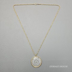 Vintage Etched Glass Flower Gold Tone Metal Round Base Pendant Necklace 25″ Long