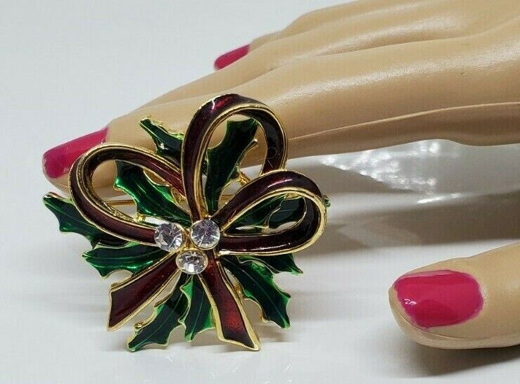 Rhinestone Enamel Green and Red Christmas Bow Brooch Pin Pendant 2″