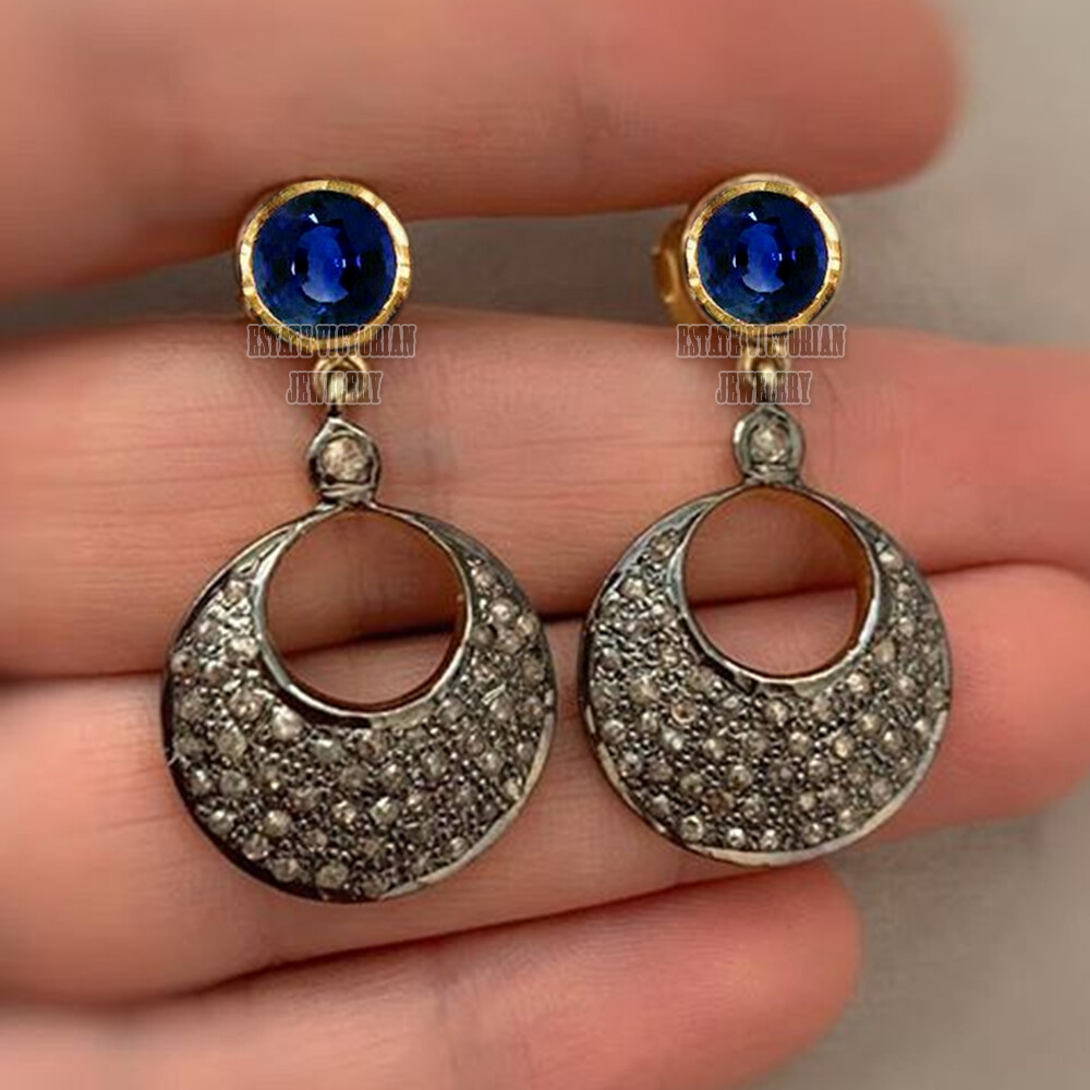 1.52Ctw Rose Cut Diamond Sapphire Studded Silver Vintage Amazing Earring Jewelry