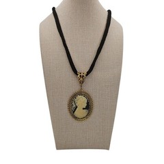 Vintage Cameo Pendant Necklace Black Velvet Cord Gold Tone Victorian Revival