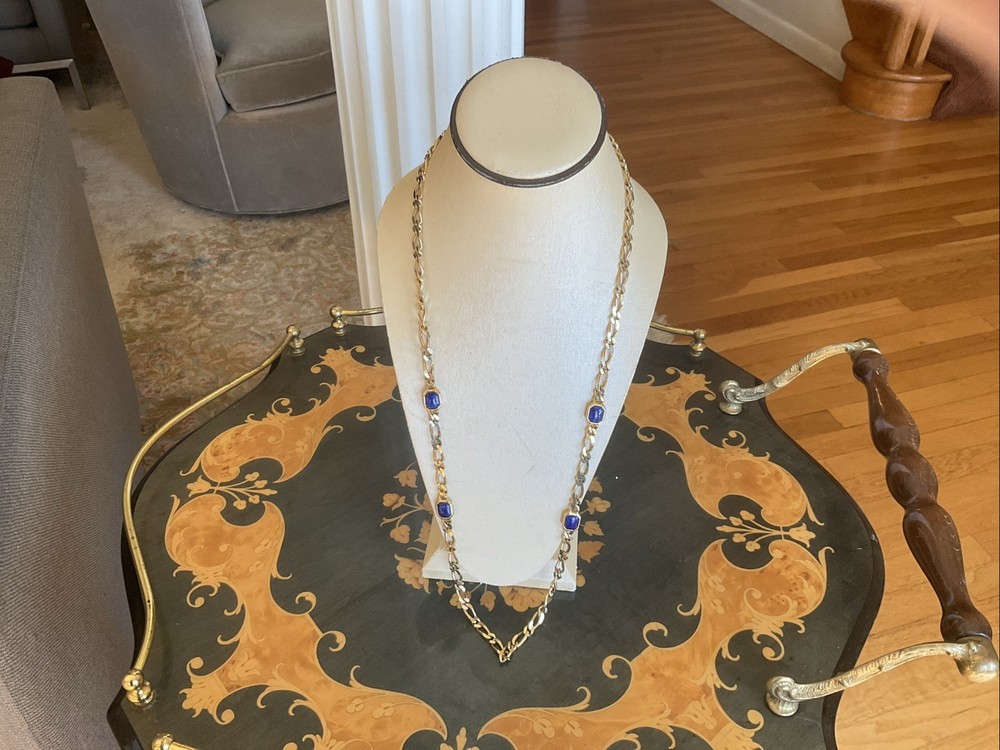 Vintage Christian Dior Long Gold Chain Necklace 32 In Lapis Glass