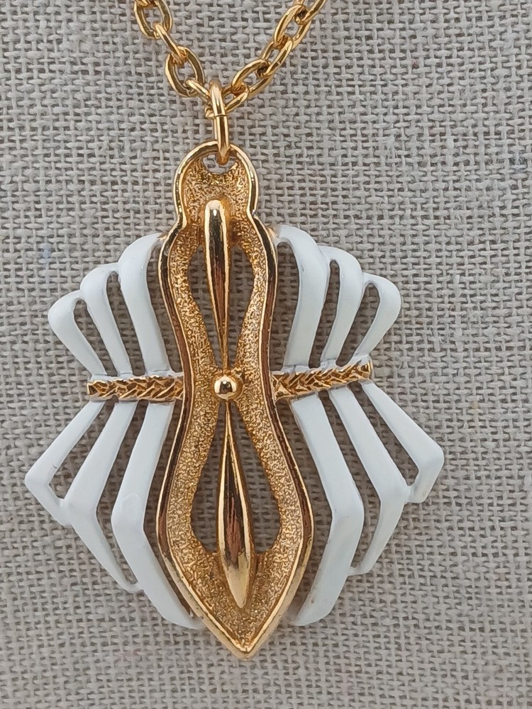 RARE J.J Gold Tone White Enamel Geometric Art Deco inspired pendant necklace