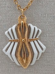RARE J.J Gold Tone White Enamel Geometric Art Deco inspired pendant necklace