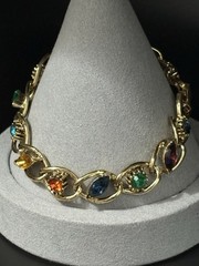 Vintage Rhinestone Bracelet Multi Color Blue Green Purple Gold Tone 7”