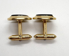 Vintage Hadley USA 12K Yellow Gold Filled Oval Black Onyx Bullet Back Cufflinks