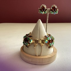 Vintage Juliana D&E Bracelet Earrings Set Topaz Rhinestones Green Cabochons Veri